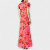 Luna - Vestido maxi com padrão floral, corte assimétrico e mangas em sino