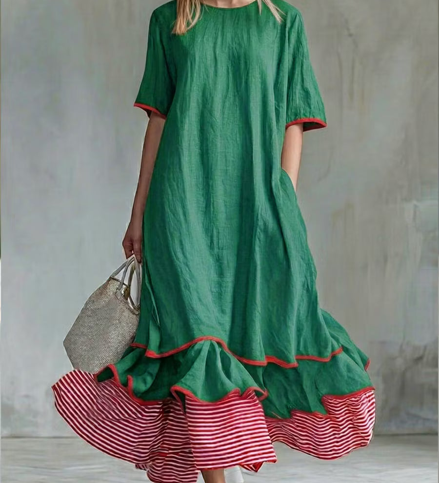 Vestido midi listrado patchwork feminino – Vestido casual vermelho de verão