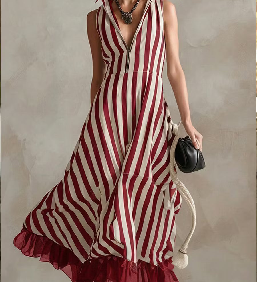 Vestido moderno sem mangas em chiffon listrado com patchwork, confeccionado em linho e algodão.