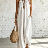 Vestido feminino casual, folgado, sem mangas, com decote halter, em linho e algodão