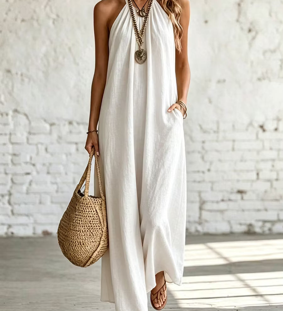 Vestido feminino casual, folgado, sem mangas, com decote halter, em linho e algodão