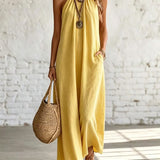 Vestido feminino casual, folgado, sem mangas, com decote halter, em linho e algodão