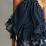 Ludovica - Conjunto de chiffon composto por um top de gola alta e calças largas estampadas