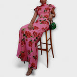 Luna - Vestido maxi com padrão floral, corte assimétrico e mangas em sino