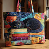 Bolsa artesanal - Gato preto com livros e chávenas