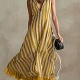 Vestido moderno sem mangas em chiffon listrado com patchwork, confeccionado em linho e algodão.