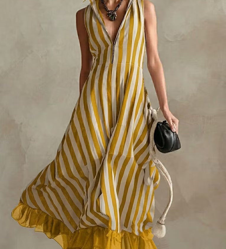 Vestido moderno sem mangas em chiffon listrado com patchwork, confeccionado em linho e algodão.