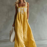 Vestido casual boêmio com estampa floral em algodão e linho