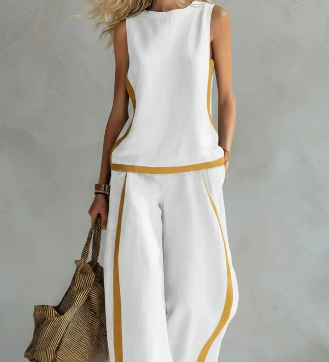 Ursula – Conjunto de colete e calças chic-descontraído com acabamentos bicolores