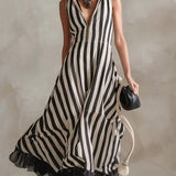 Vestido moderno sem mangas em chiffon listrado com patchwork, confeccionado em linho e algodão.