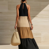 Vestido longo elegante com blocos de cores artísticos