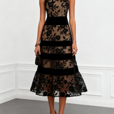 Vestido Midi Floral de Renda Preta Sem Mangas
