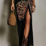 Vestido com Impressão em Estilo Boémio com Decote V Profundo e Riscas Altas