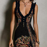 Vestido com Impressão em Estilo Boémio com Decote V Profundo e Riscas Altas
