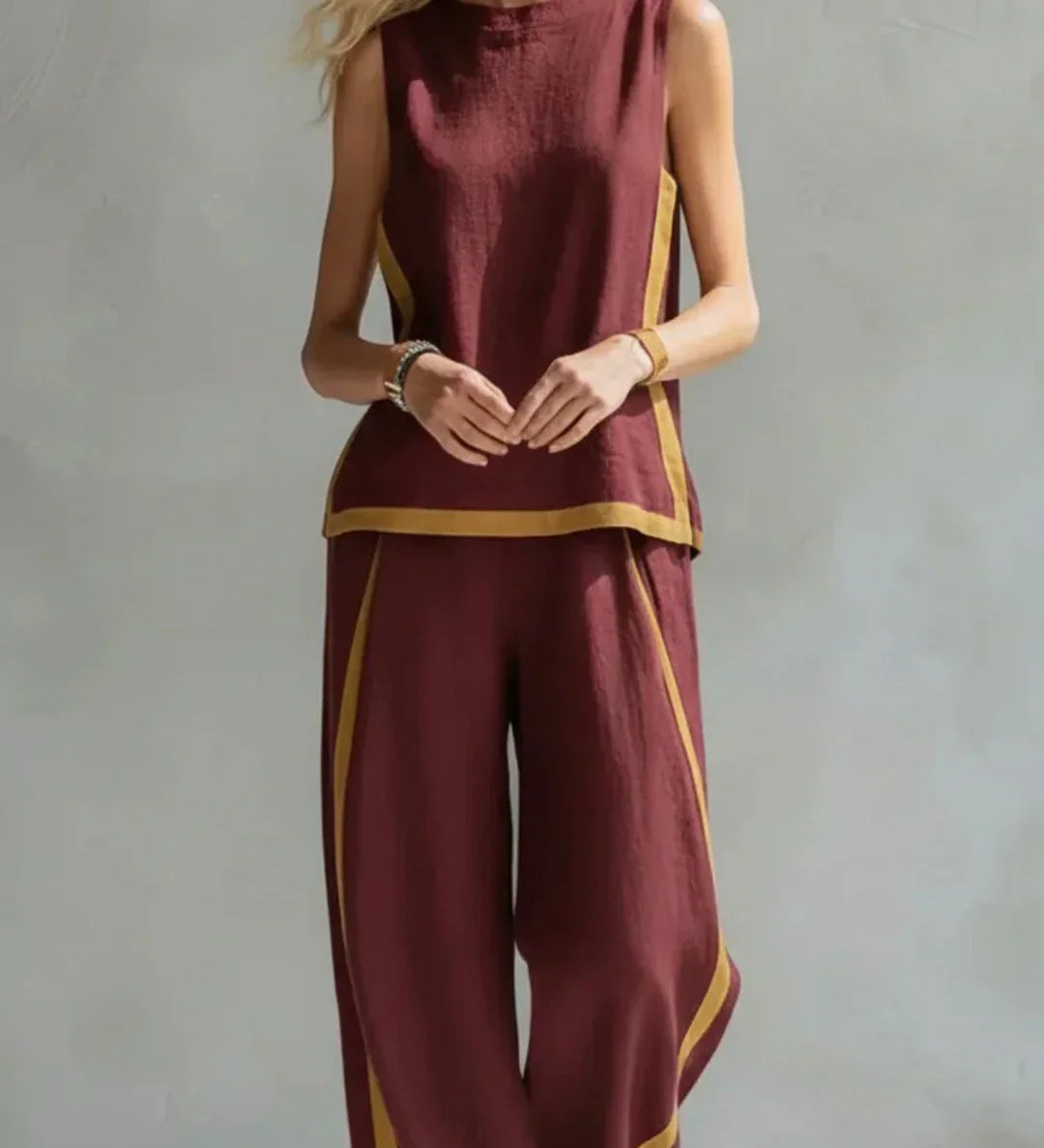 Ursula – Conjunto de colete e calças chic-descontraído com acabamentos bicolores