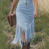 Diletta | Vestido midi em faux suede azul com zip dourada e franjas