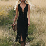 Diletta | Vestido midi em faux suede azul com zip dourada e franjas