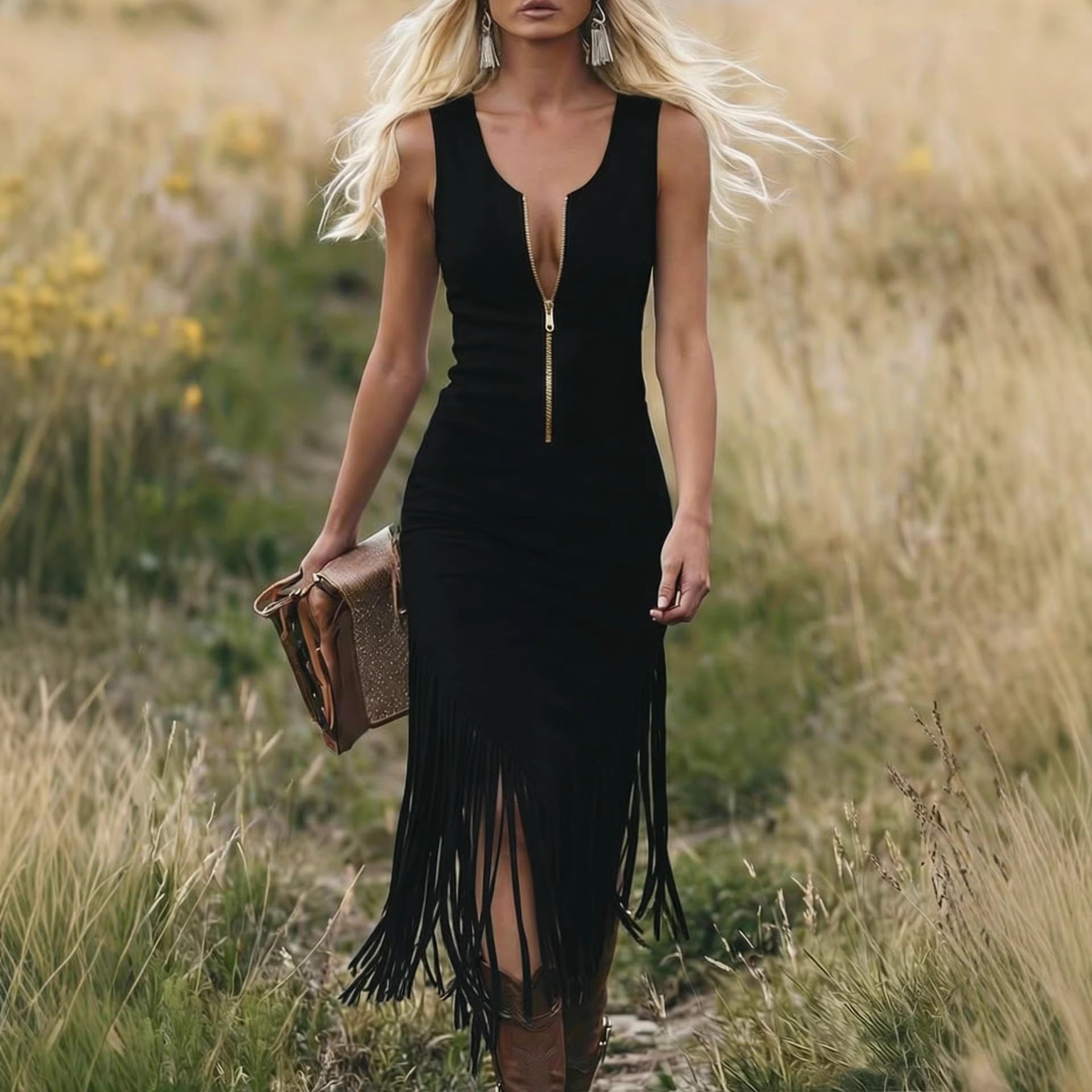 Diletta | Vestido midi em faux suede azul com zip dourada e franjas