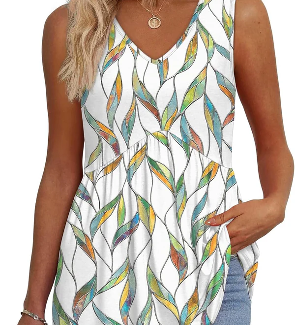 Mary™ | Camisola sem mangas com decote em V e peplum estampada