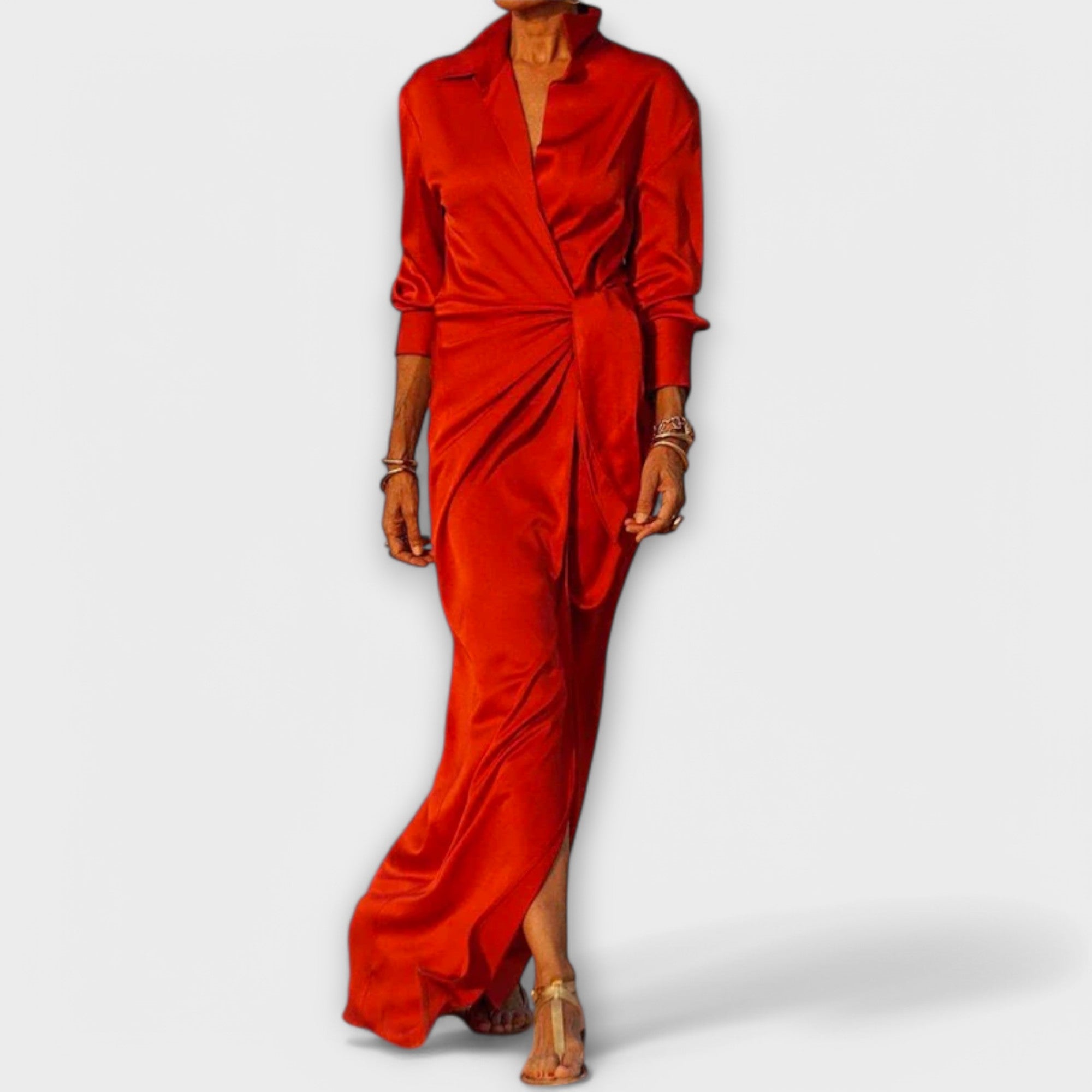 Vestido Elegante com Cinto e Mangas Longas
