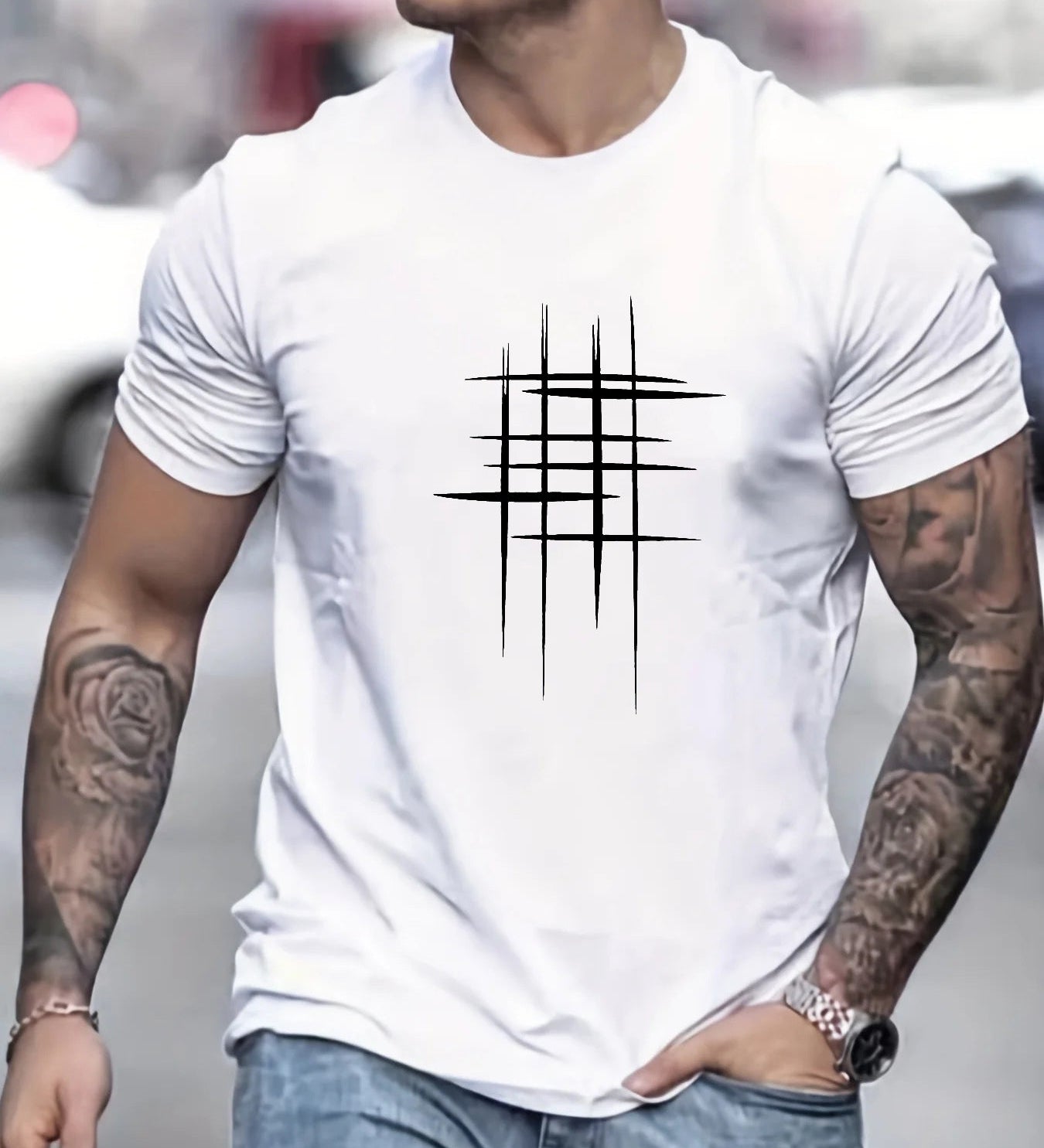 Cazel | Camiseta Elegante de Gola Redonda com Estampa Gráfica
