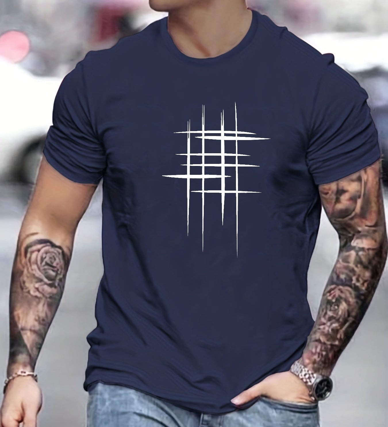 Cazel | Camiseta Elegante de Gola Redonda com Estampa Gráfica