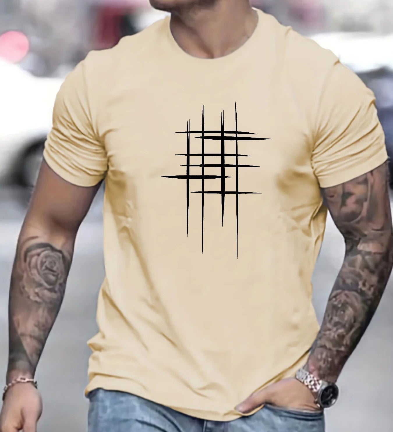 Cazel | Camiseta Elegante de Gola Redonda com Estampa Gráfica
