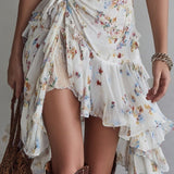 Vestido Mini Retro Floral com Decote em V e Alças