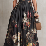 Vestido Midi Plissado de Satén Floral Preto com Decote em Forma de Olho de Fechadura