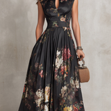 Vestido Midi Plissado de Satén Floral Preto com Decote em Forma de Olho de Fechadura
