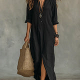 Céline™ | Vestido Maxi Preto Amplo com Botões