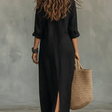 Céline™ | Vestido Maxi Preto Amplo com Botões