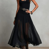 Top Preto Sem Mangas com Tule Vestido Maxi (com cinto)