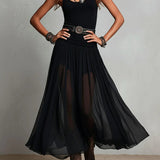 Top Preto Sem Mangas com Tule Vestido Maxi (com cinto)