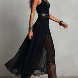 Top Preto Sem Mangas com Tule Vestido Maxi (com cinto)
