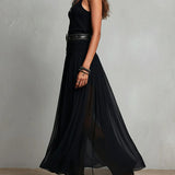 Top Preto Sem Mangas com Tule Vestido Maxi (com cinto)