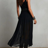 Top Preto Sem Mangas com Tule Vestido Maxi (com cinto)