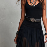 Top Preto Sem Mangas com Tule Vestido Maxi (com cinto)