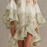Vestido Mini Verde com Riscas e Mangas Bufantes em Chiffon