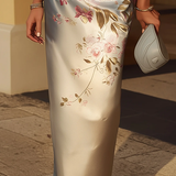 Vestido Midi de Satén com Desenho Floral de Um Ombro