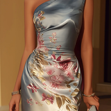 Vestido Midi de Satén com Desenho Floral de Um Ombro