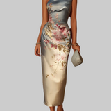 Vestido Midi de Satén com Desenho Floral de Um Ombro