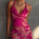 Vestido de Saten Sem Mangas com Estampa Floral Fúxia