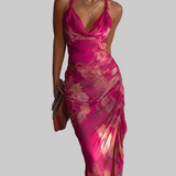 Vestido de Saten Sem Mangas com Estampa Floral Fúxia