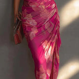 Vestido de Saten Sem Mangas com Estampa Floral Fúxia