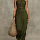 Vestido Halter Column em Linho Sintético Macio
