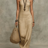 Vestido Halter Column em Linho Sintético Macio