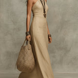Vestido Halter Column em Linho Sintético Macio