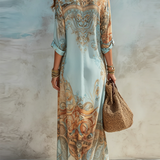 Vestido Maxi Floral Impressão Azul de Férias