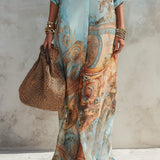 Vestido Maxi Floral Impressão Azul de Férias